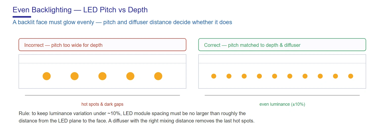 Backlit sign LED module pitch vs depth for even backlighting with no hot spots