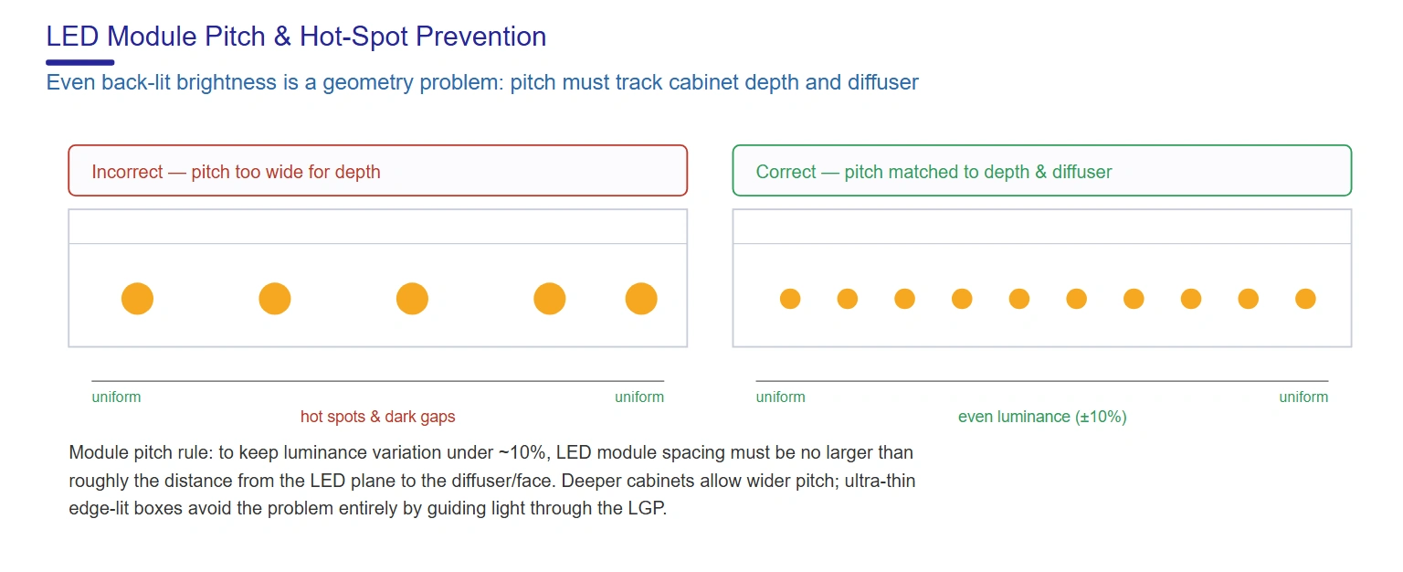 LED light box module pitch and hot-spot prevention for uniform brightness