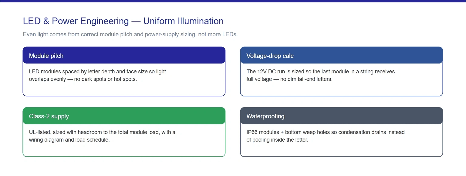 Channel letter LED module pitch and power supply sizing for uniform illumination