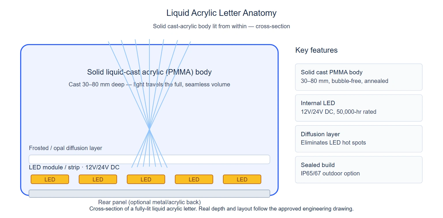 Liquid acrylic letter anatomy diagram — solid cast acrylic body, internal LED, diffusion layer