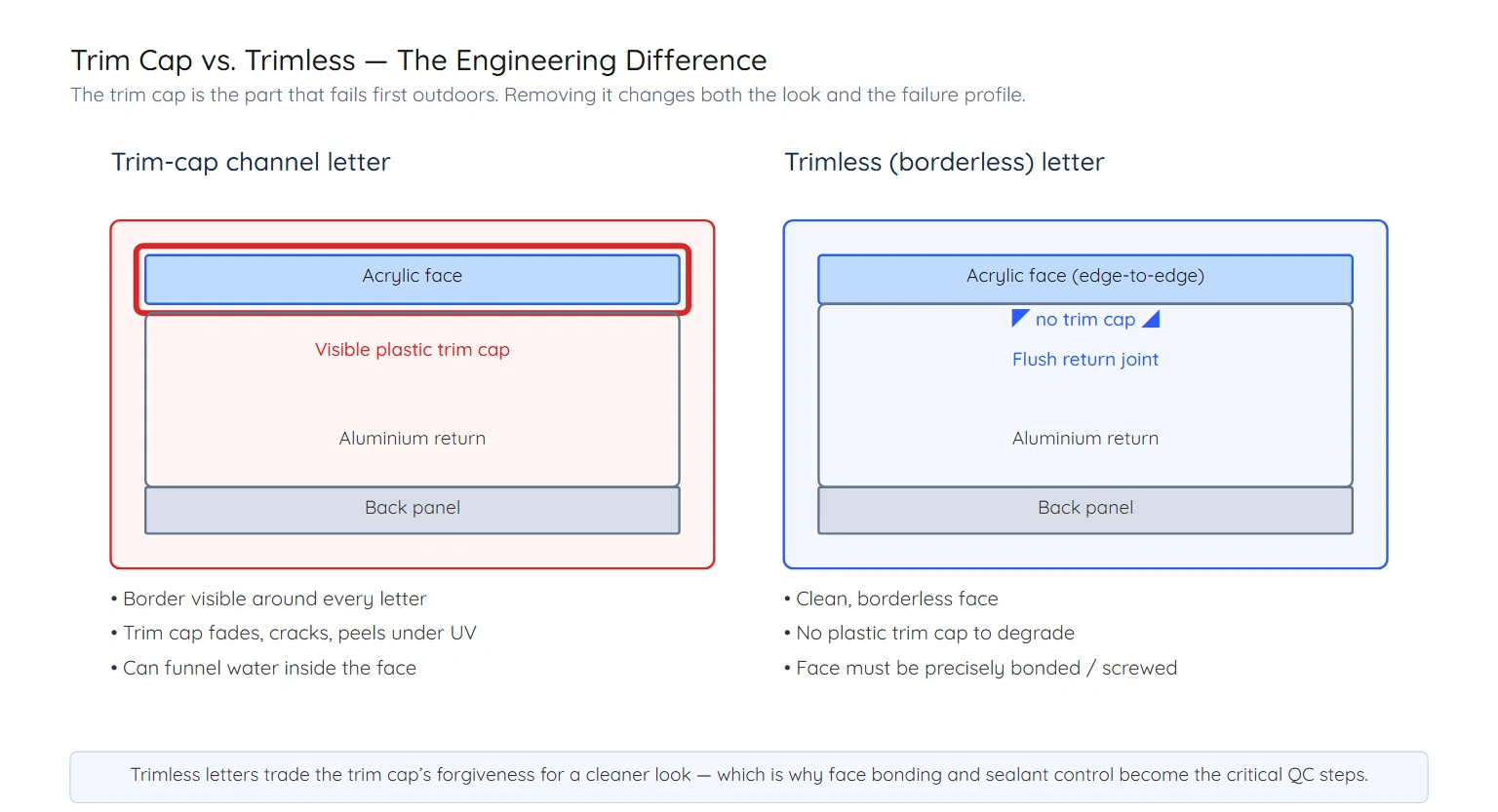 Trim-cap vs trimless channel letter comparison — why removing the trim cap changes the failure profile