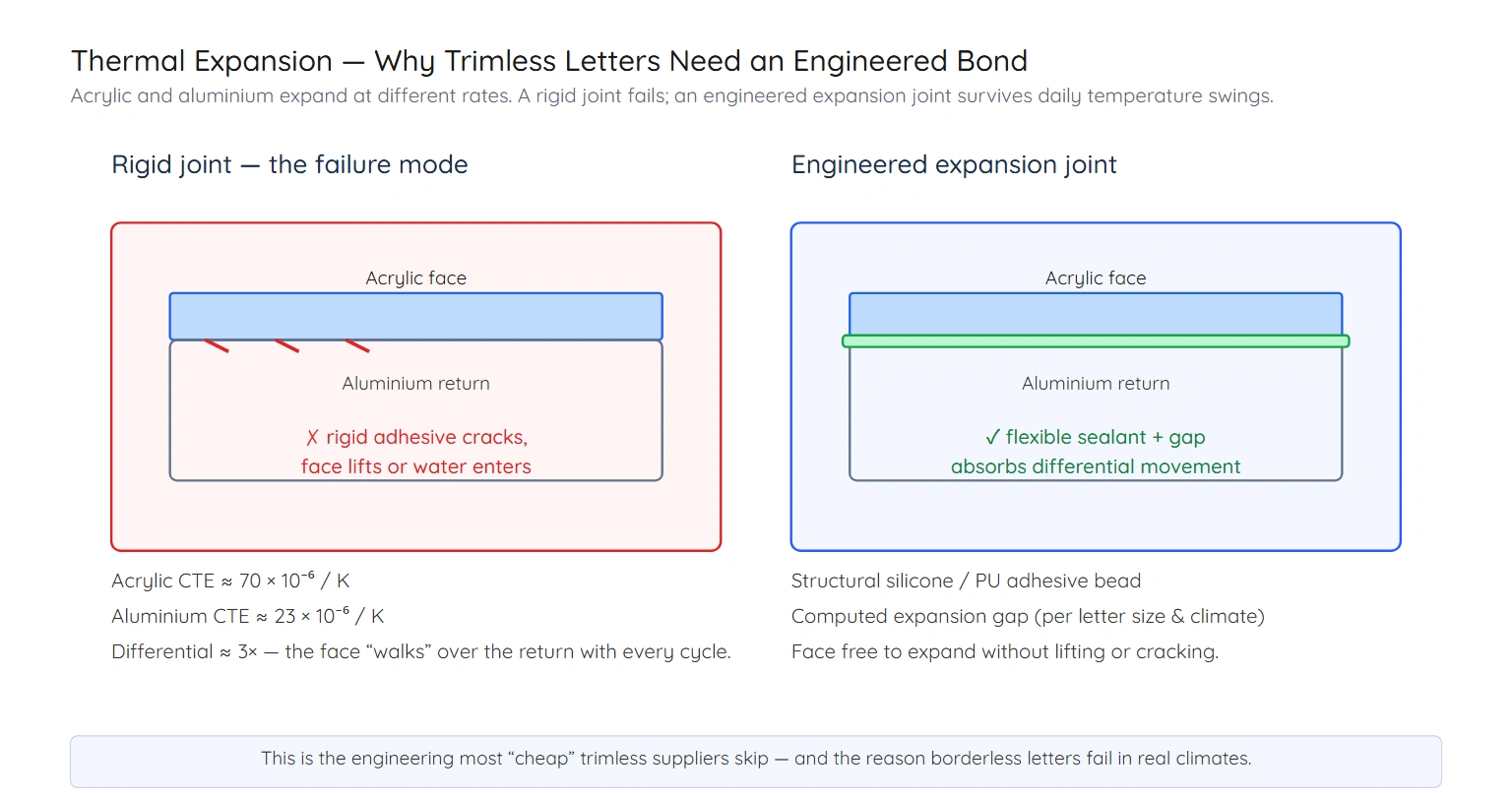 Thermal expansion engineering for trimless channel letters — acrylic vs aluminium CTE and the expansion joint